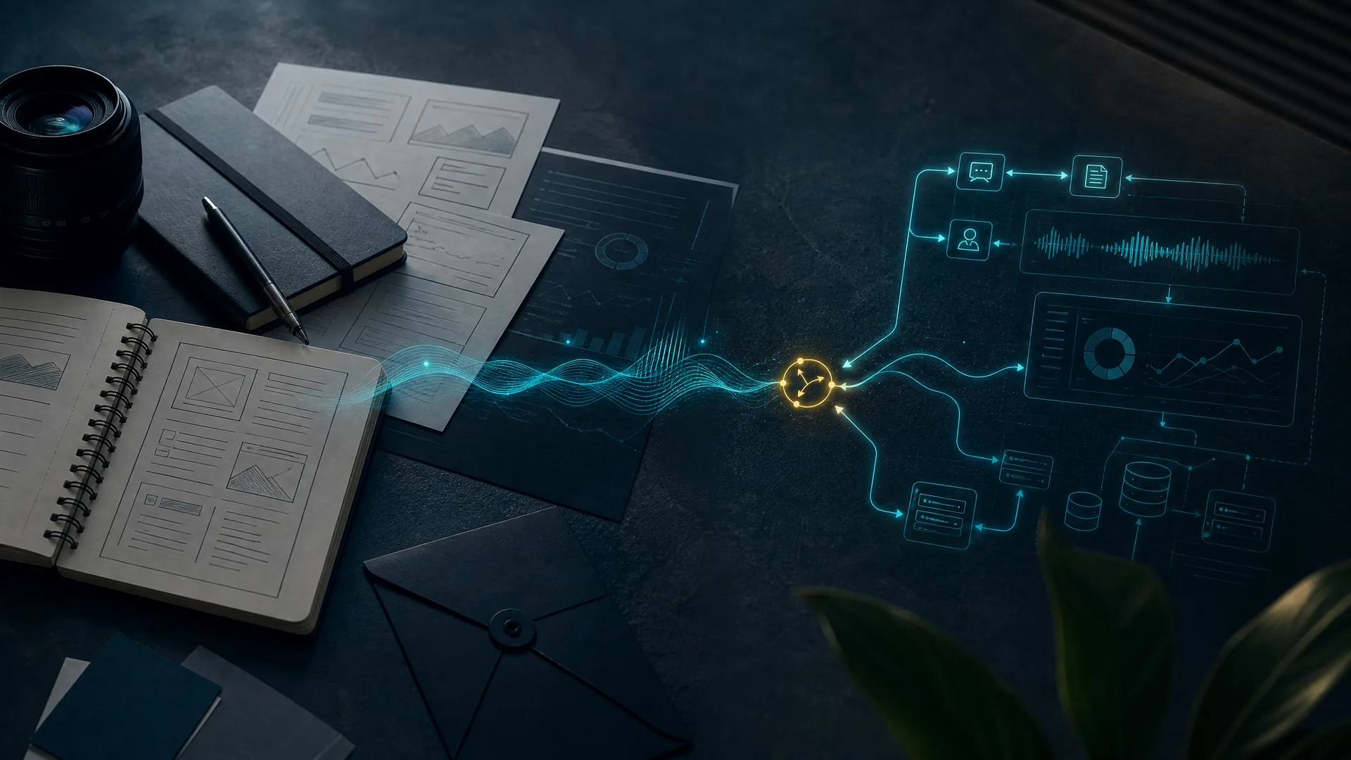 Visual conceptual de la evolución desde contenidos y estrategia digital hacia soluciones de inteligencia artificial