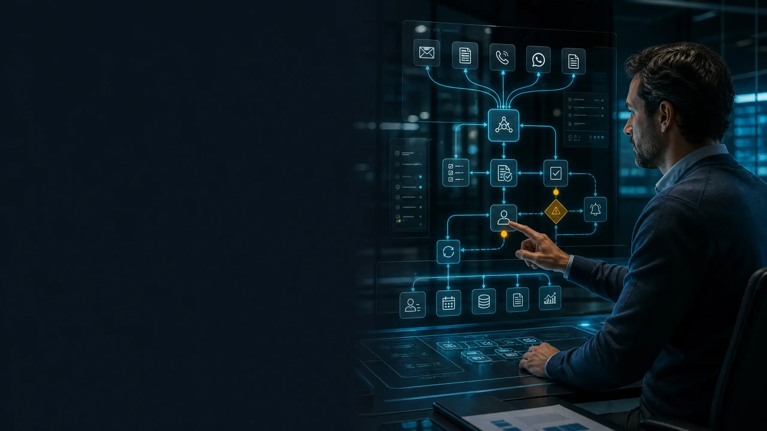 Profesional supervisando un flujo de automatización empresarial con entradas, sistemas, aprobaciones y control