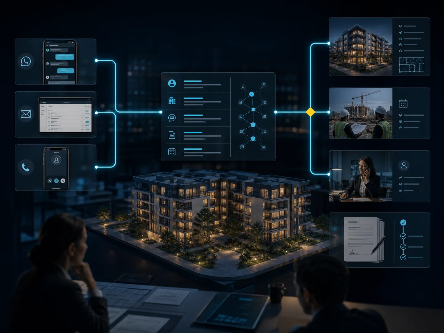 Flujo conceptual de atención inmobiliaria por WhatsApp, email y teléfono conectado con visitas y documentación