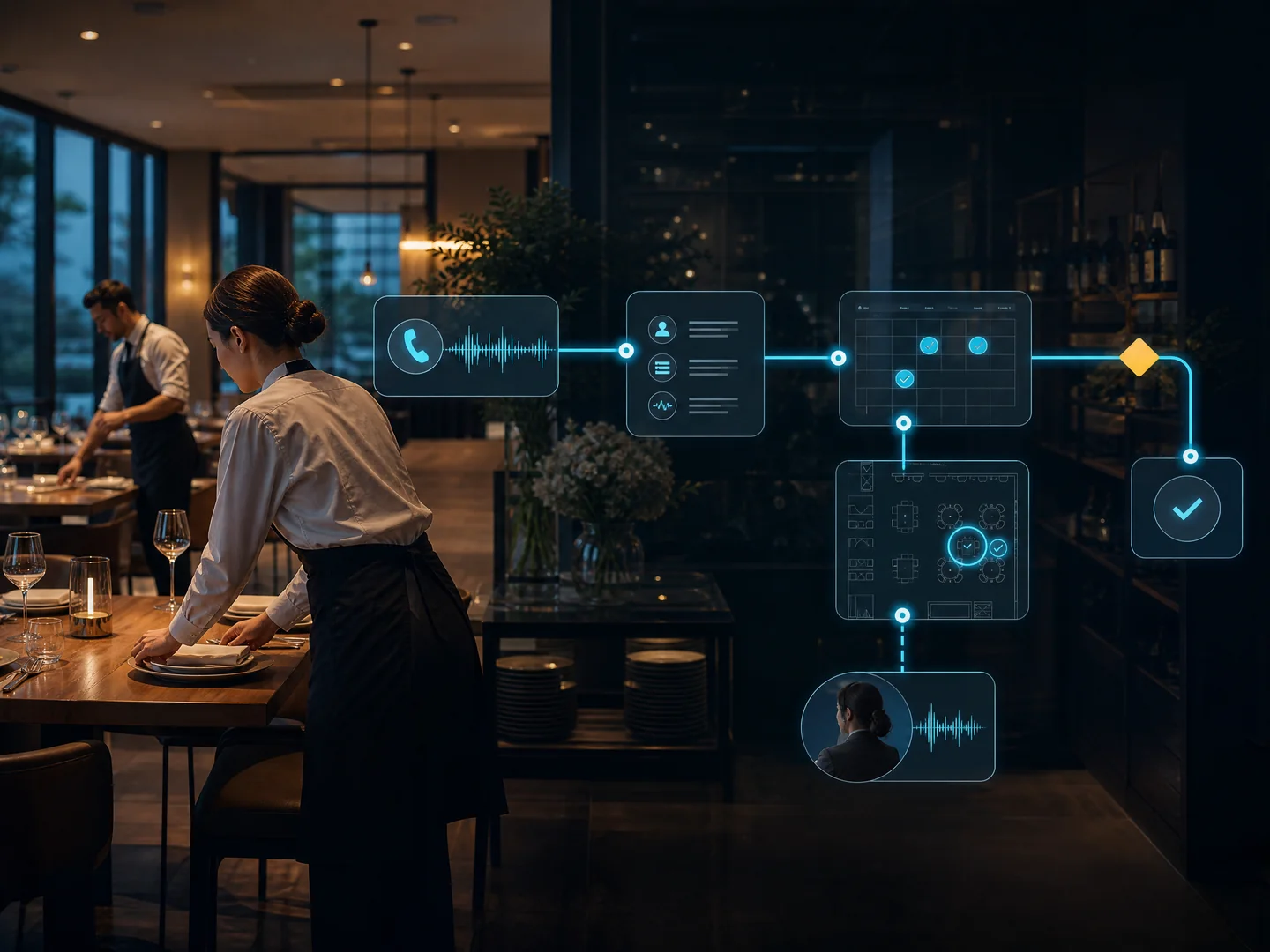 Arquitectura aplicable de agente de voz conectado con disponibilidad de mesas, reservas y derivación al equipo del restaurante