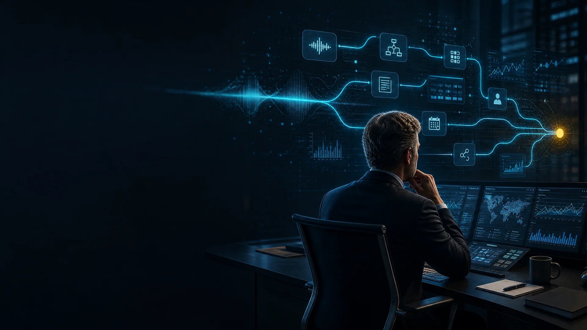 Entorno operativo donde una persona coordina procesos, conversaciones, aplicaciones y datos mediante inteligencia artificial